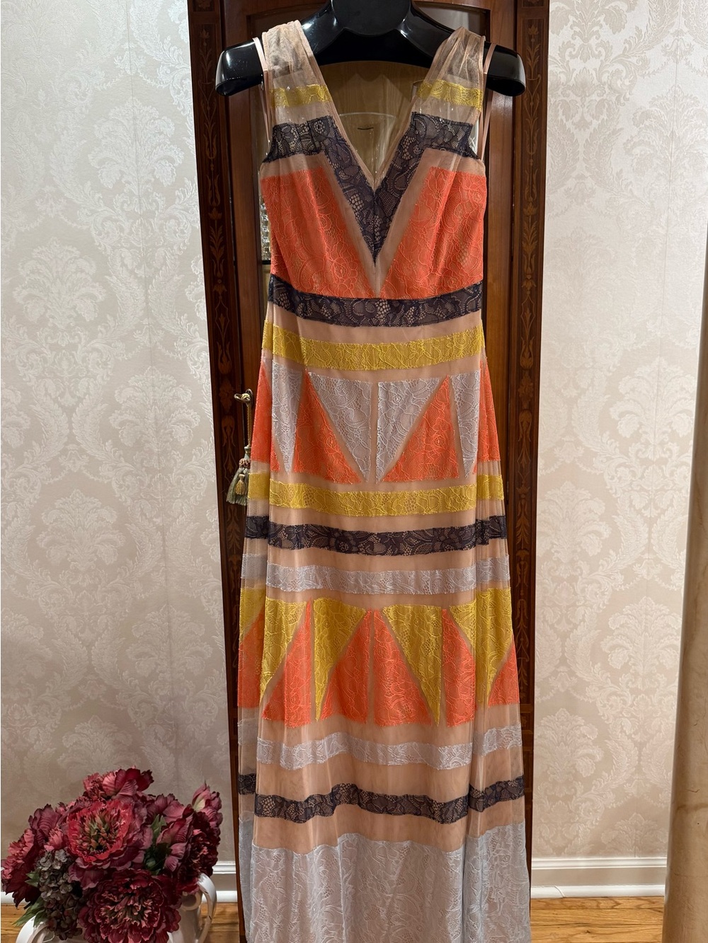 NWT BCBGMaxAzria Coral, Yellow & Navy Lace Midi Dress